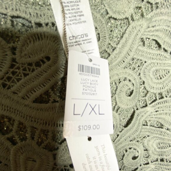 NWT Chico's Lucy Lace Body Poncho Sweater Green Gold Metallic Open Front L/XL - Picture 9 of 13